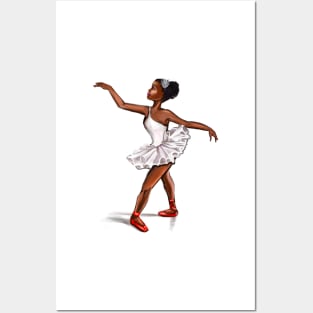 Ballet in red shoes - ballerina doing pirouette in white tutu and red shoes  - brown skin ballerina Posters and Art